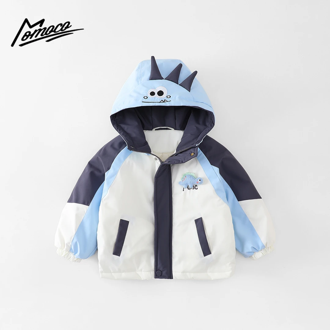 MOMOCO冬季男童新款夹棉厚款童趣百搭拼色小恐龙外套