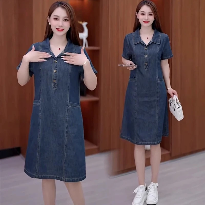 2025夏季洋气显瘦中长款衬衫领气质减龄裙子时尚薄款牛仔连衣裙女