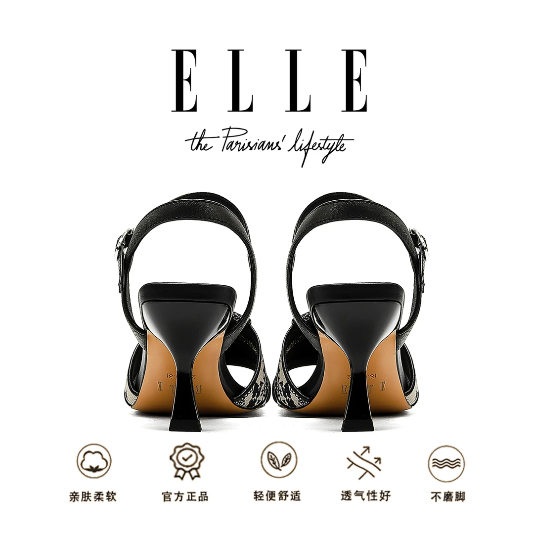 ELLE一字带时尚露趾凉鞋女2025新款精致百搭配裙子夏天细跟高跟鞋