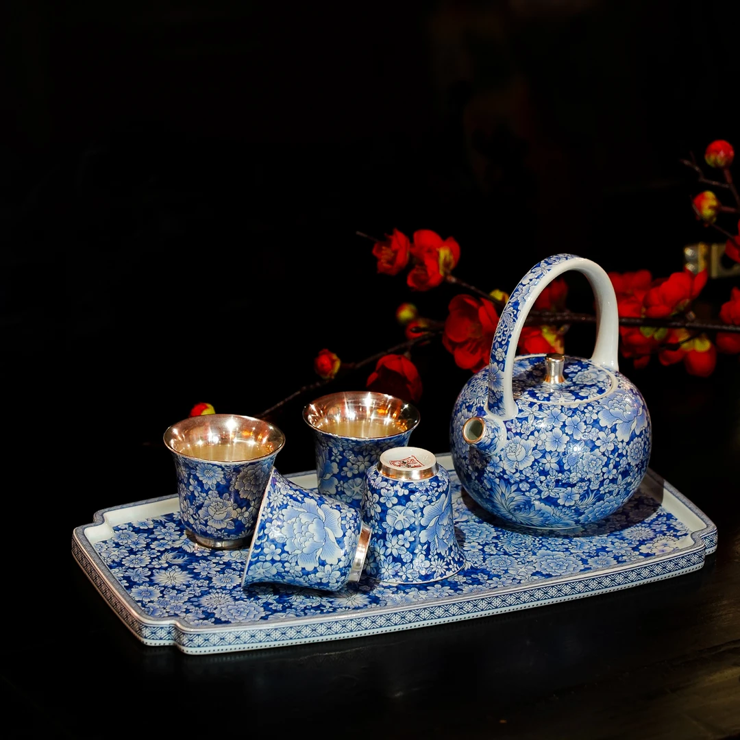 【本尼家】轻奢鎏银青花瓷茶具茶壶茶杯工夫茶台桌面摆件