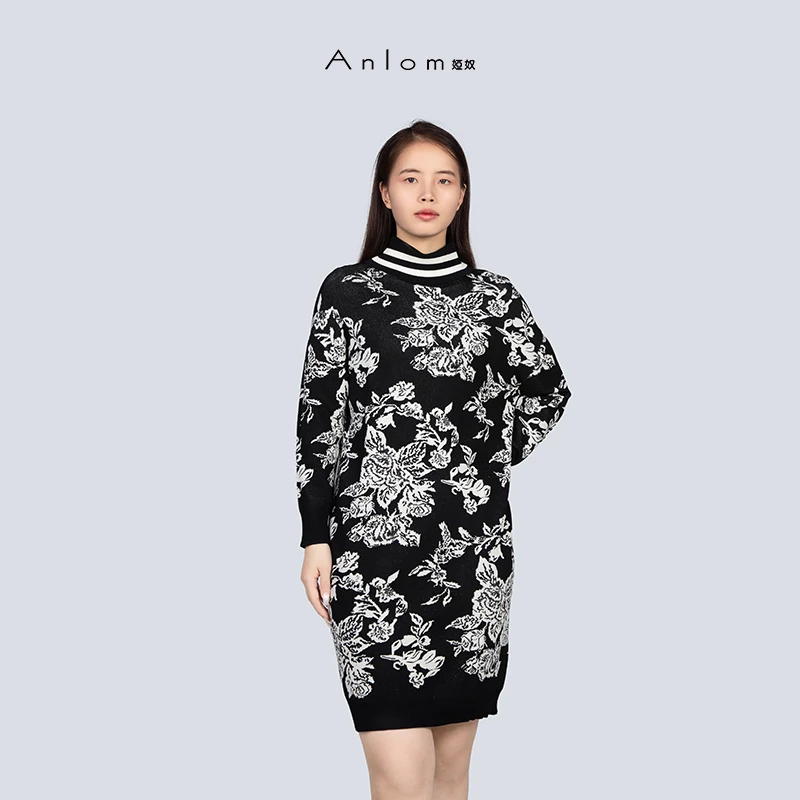 Anlom/娅奴秋季中腰冬季宽松腰不褪色连衣裙圆领提花设计师