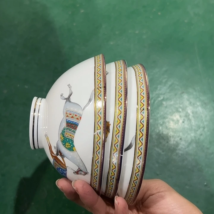 搪瓷瑕疵双福马米饭碗3个
