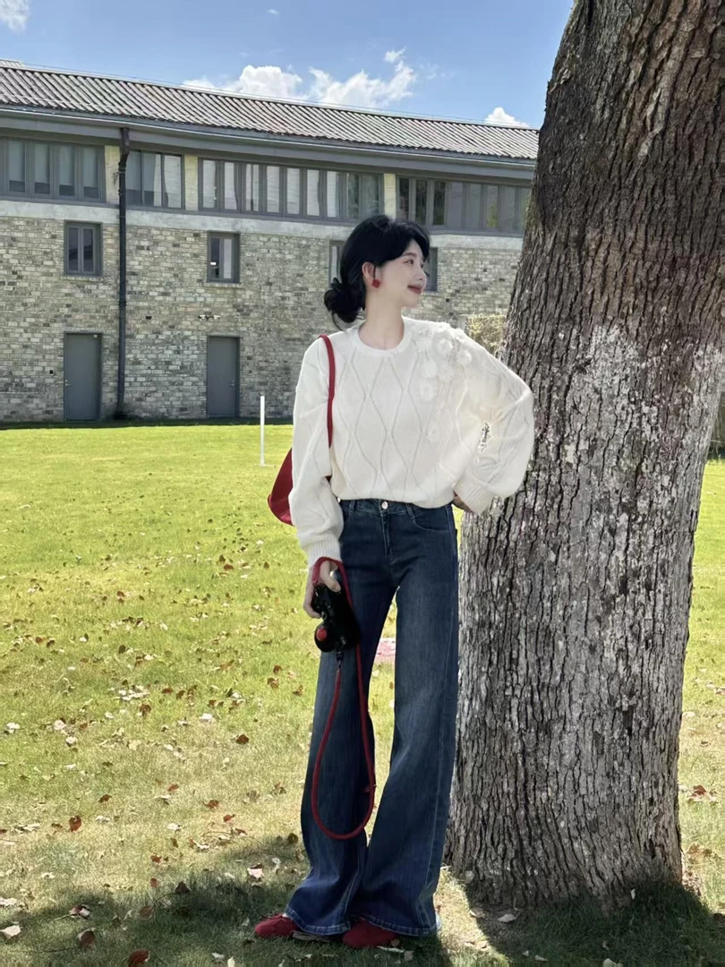 【南法选择】法式高级感气质针织上衣减龄高腰复古牛仔裤两件套装