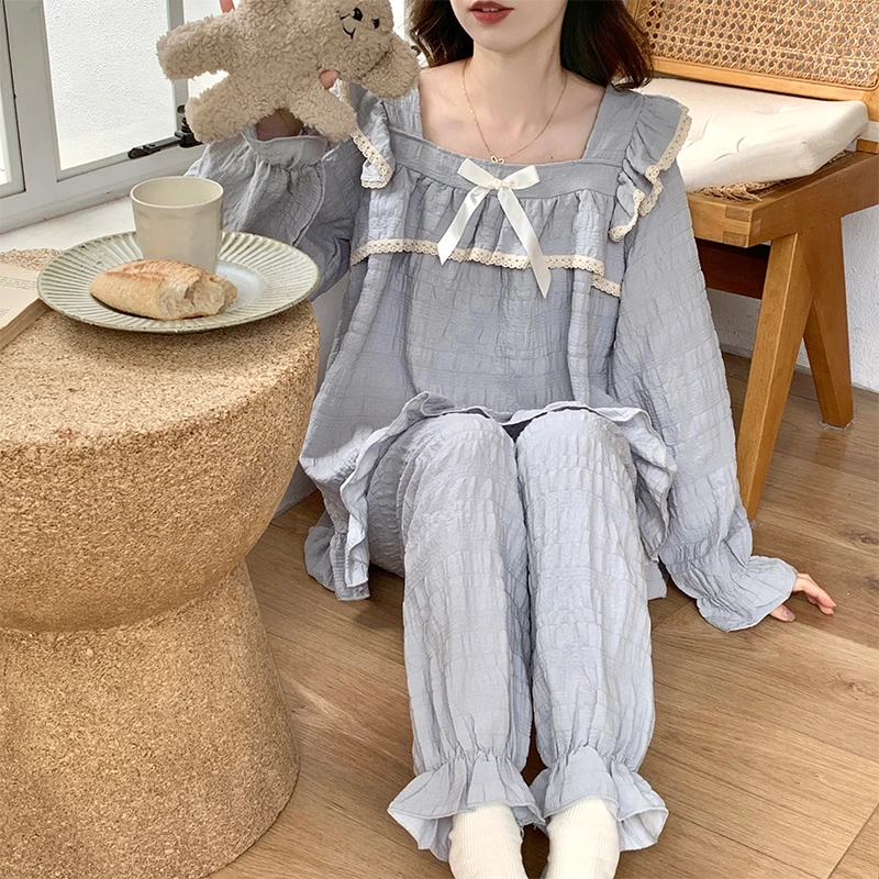 公主风睡衣女春秋季云朵棉长袖薄款甜美女士夏天带胸垫家居服套装