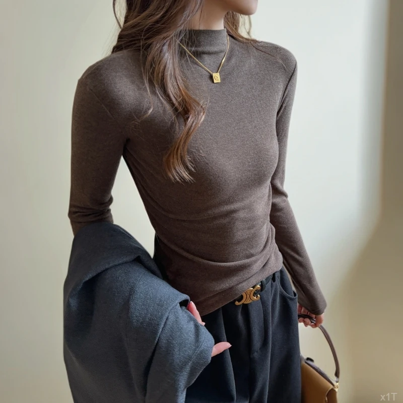 舒服长袖打底衫女秋冬季士内搭磨毛绒莱高级感天丝半高领简约赛尔