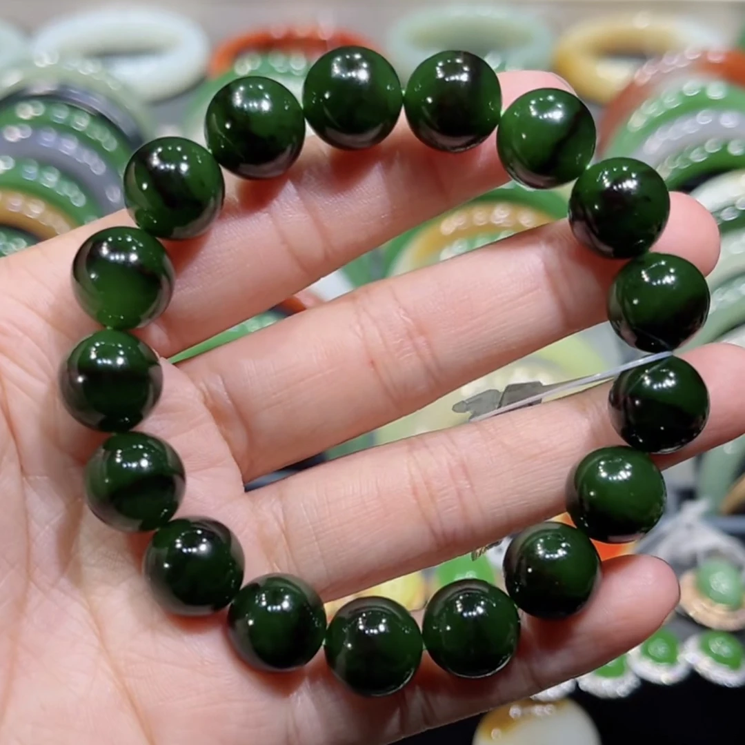 和田玉俄料碧玉老料聚红皮帝王绿手串12mm