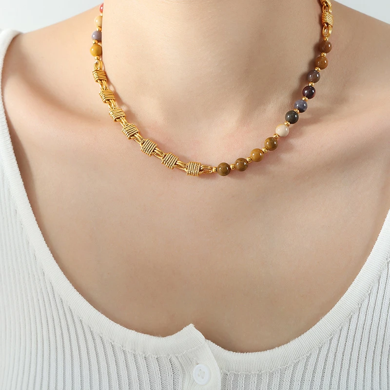 中古风复古个性链条设计钛钢拼接编织项链