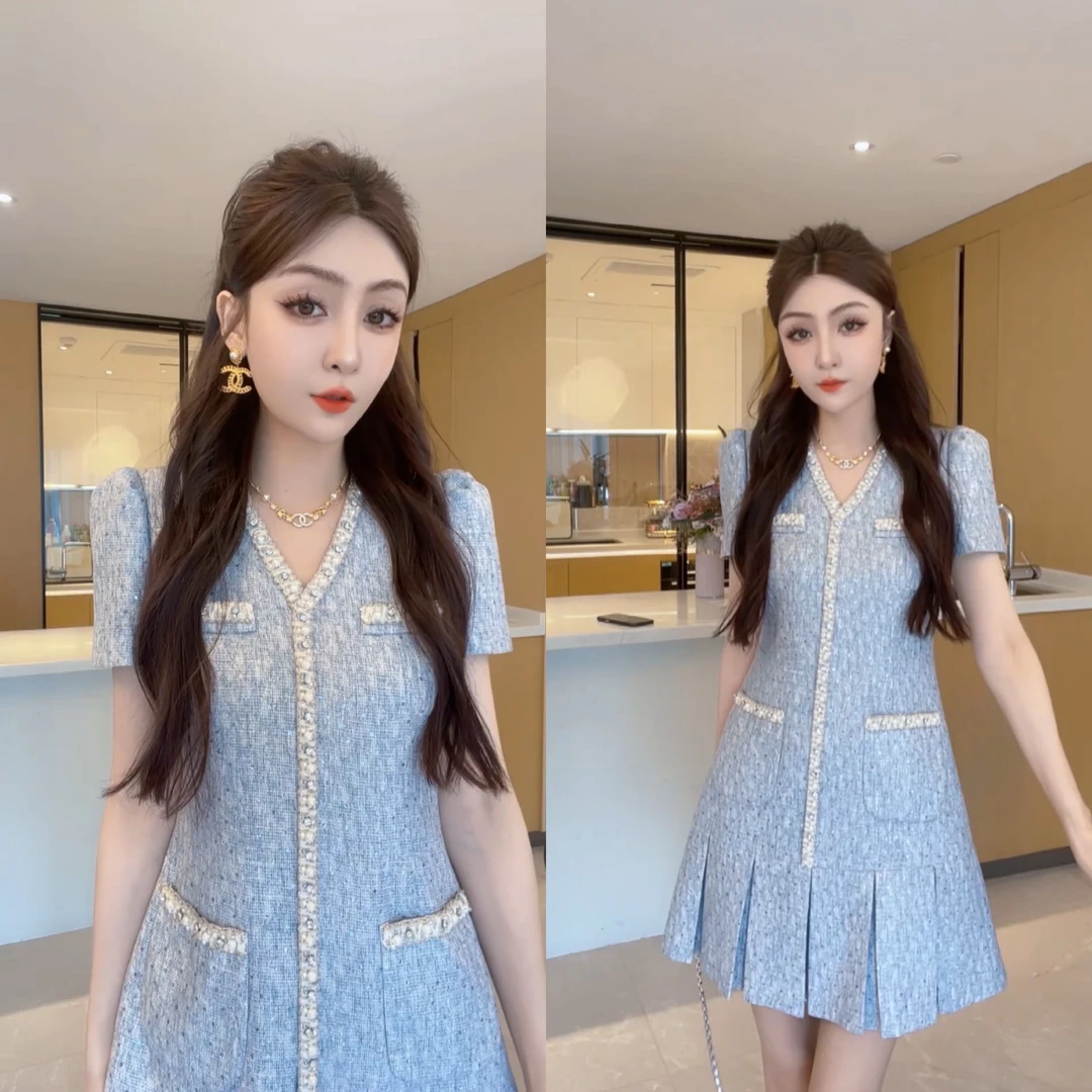 M9A86089 夏季新款减龄百搭短袖时尚气质高腰法式名媛修身连衣裙