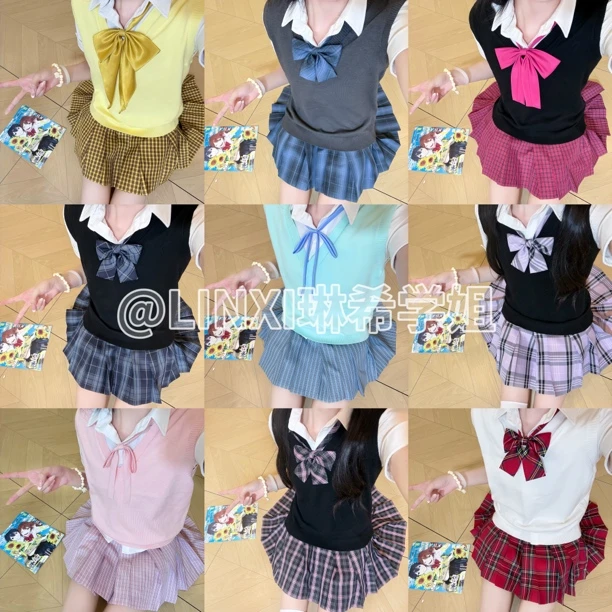 【马甲套装】2025春季新款原创JK百褶裙短袖衬衫马甲套装格裙学院风