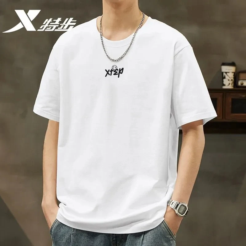 特步短袖t恤夏季圆领透气上衣宽松棉薄款半袖百搭休闲运动服男