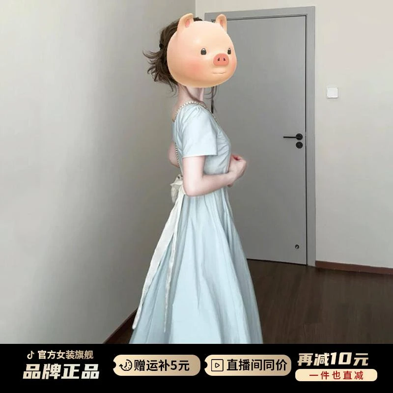法式大方得体蓝色连衣裙子女夏季2025新款气质感独特漂亮掐腰长裙