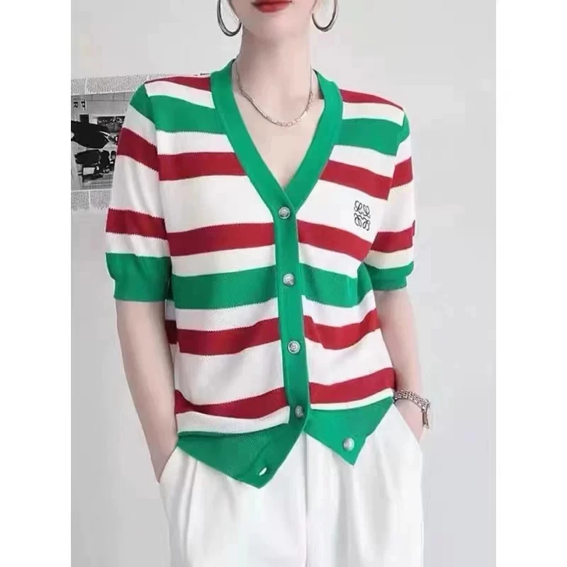 针织开衫条纹v领176-22058