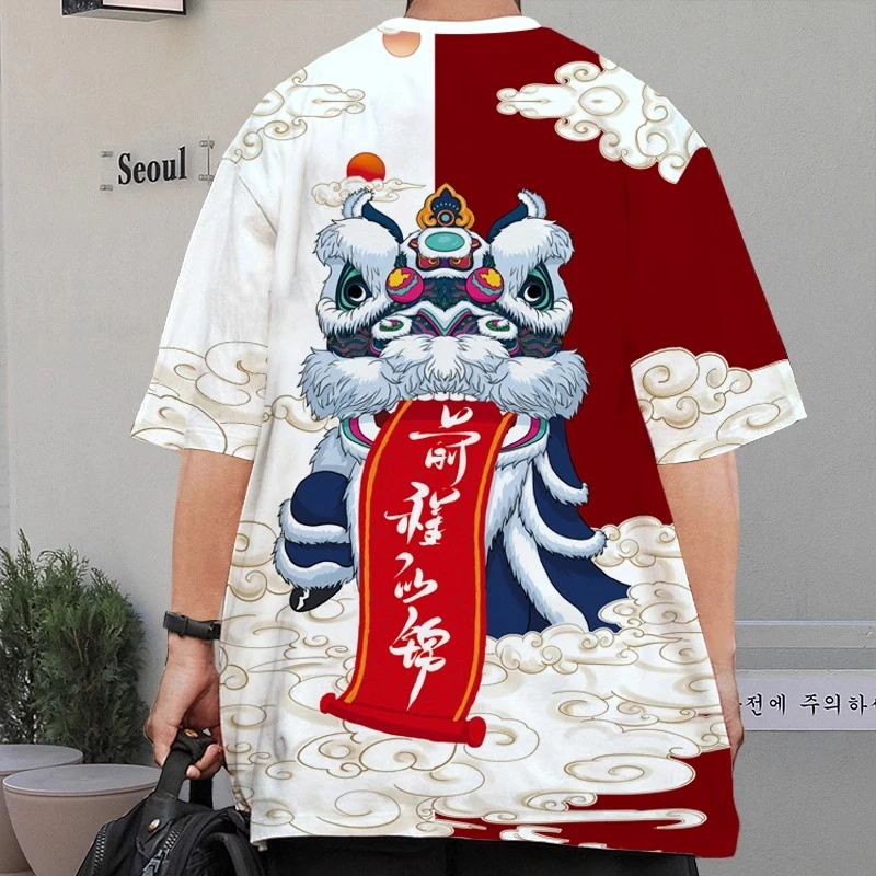 醒狮T恤男生舞狮短袖夏季国潮半袖中国风大码宽松情侣少年感穿搭