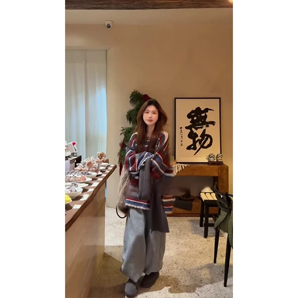 2025秋冬季新款韩版气质撞色条纹毛衣女宽松针织上衣马甲裤子套装