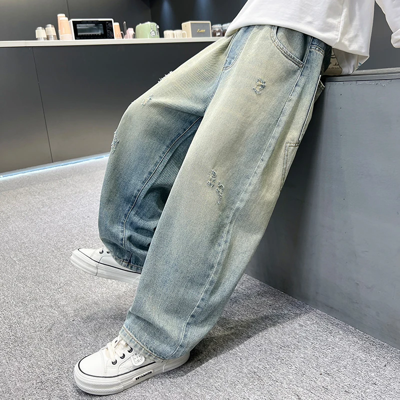男童牛仔裤2025春秋季青少年创意多口袋装饰男孩潮牌直筒裤韩版裤