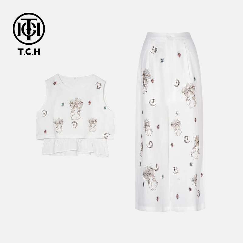 TCH烫钻工艺时尚休闲气质蝴蝶结套装女T75B07E1043轻奢tch
