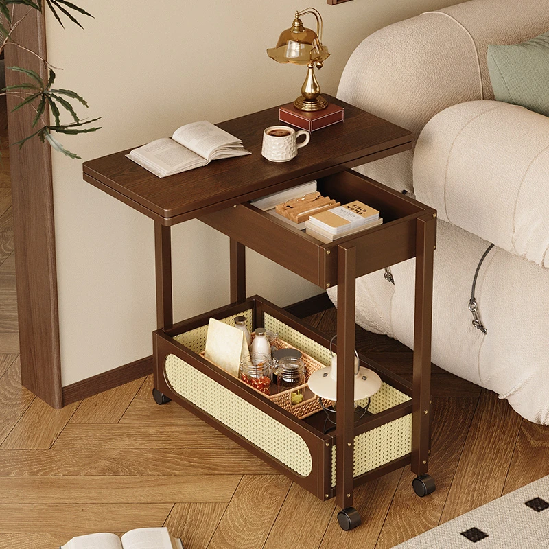 沙发边几可移动茶几实木边柜客厅中古小推车卧室床边桌折叠小桌子