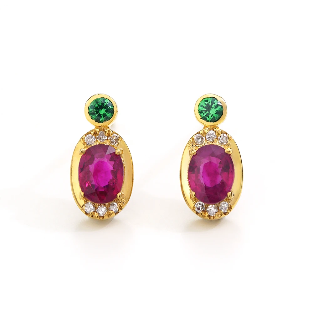 原创轻奢【海棠】18K金钻石沙弗莱红宝石耳钉（60分）46592