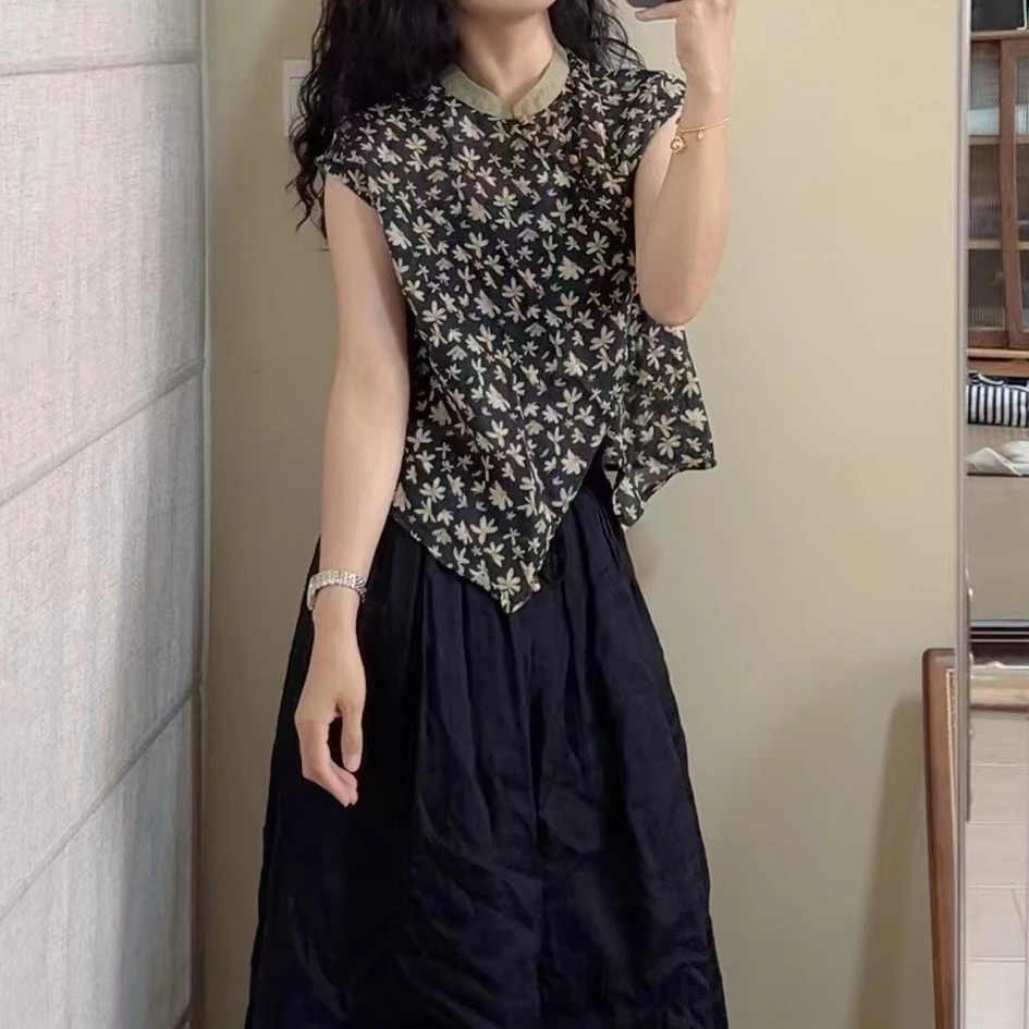 【夏日雏菊】苎麻100%复古印花斜襟衬衫新中式立领包扣气质衬衣