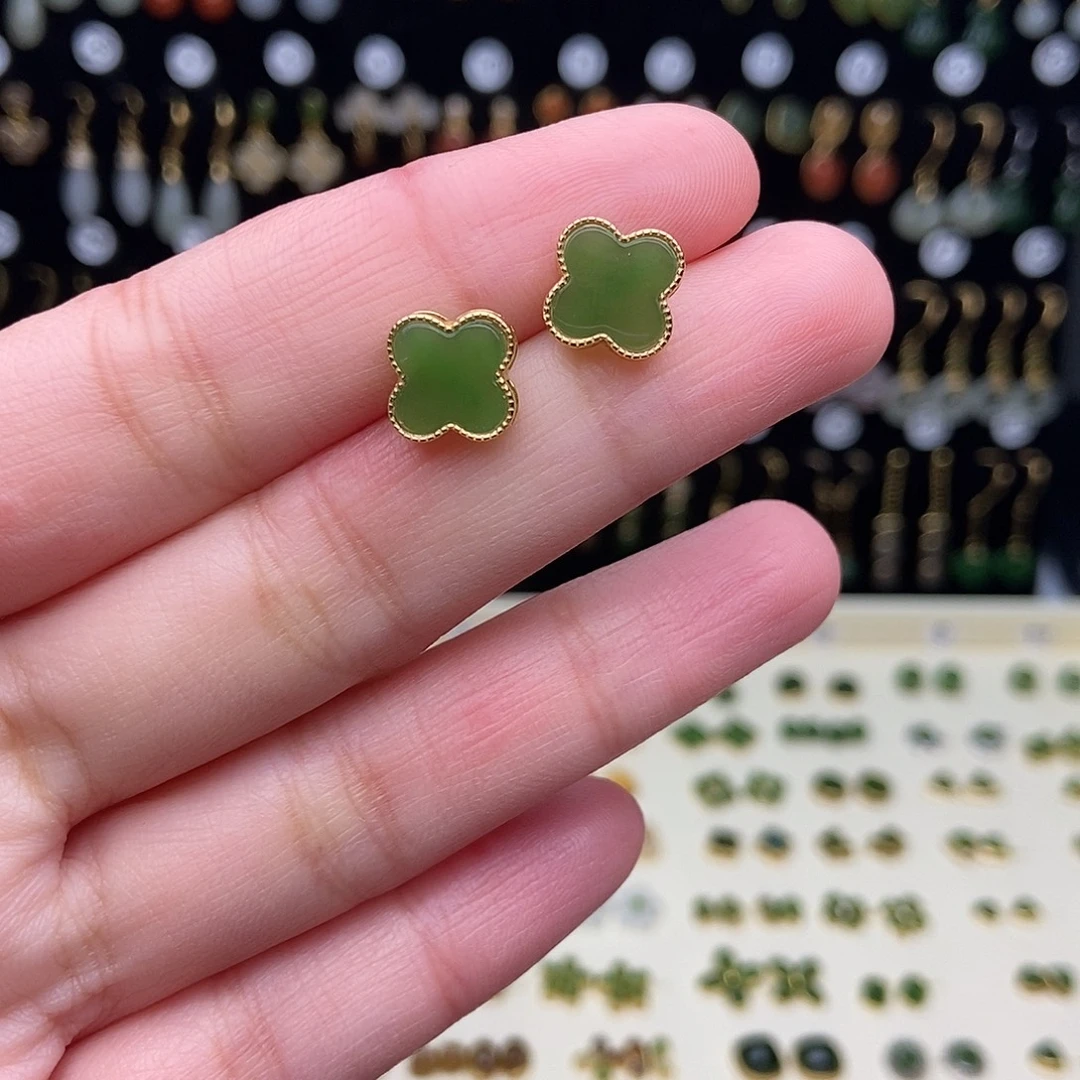 和田玉银S925镀金镶嵌耳饰