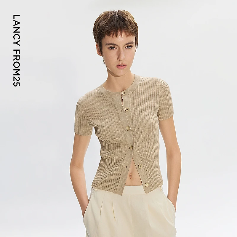 朗姿高级感针织衫小衫短袖亚麻修身针织开衫高级2026年夏季新款女