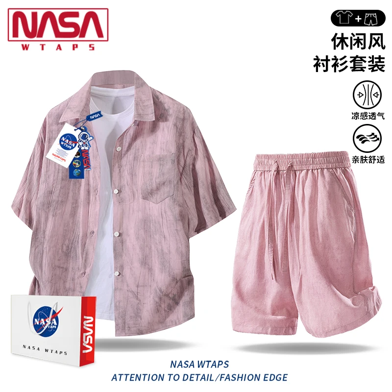 NASA WTAPS冰丝短袖衬衫男款夏季宽松休闲大码高级感衬衣短裤套装