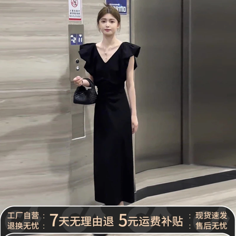 柯闵C552法式设计感小众无袖连衣裙25新款夏显瘦小飞袖V领黑色长