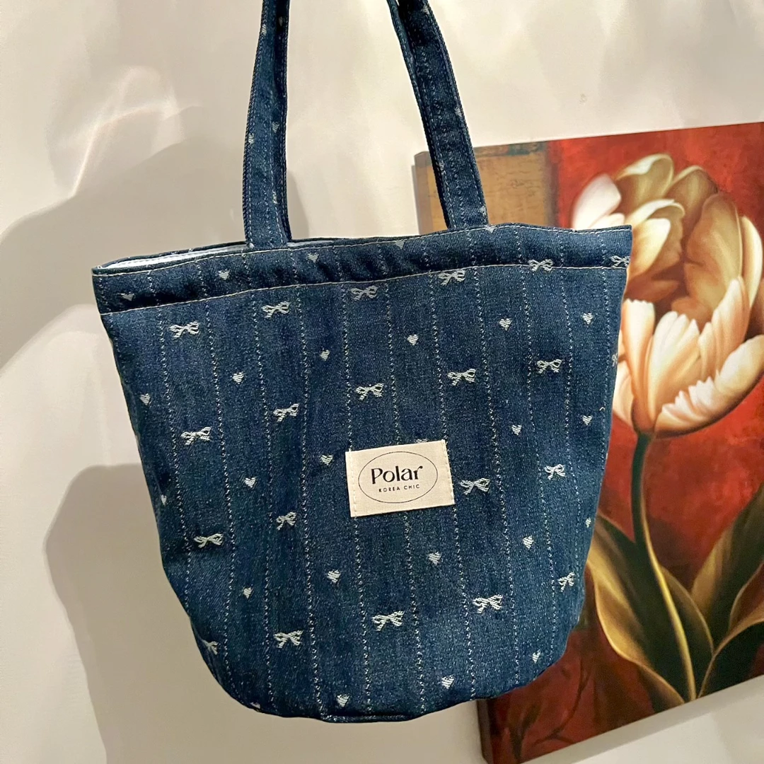 韩国同款蝴蝶结牛仔手作水桶包手提包