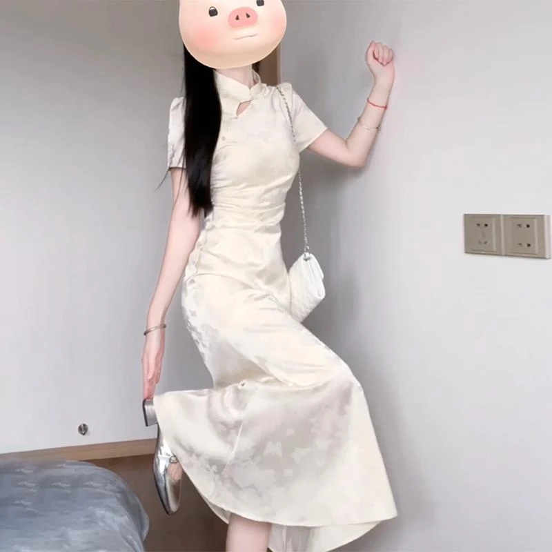 改良旗袍连衣裙子夏季新中式国风女装气质收腰白色长裙2025年新款