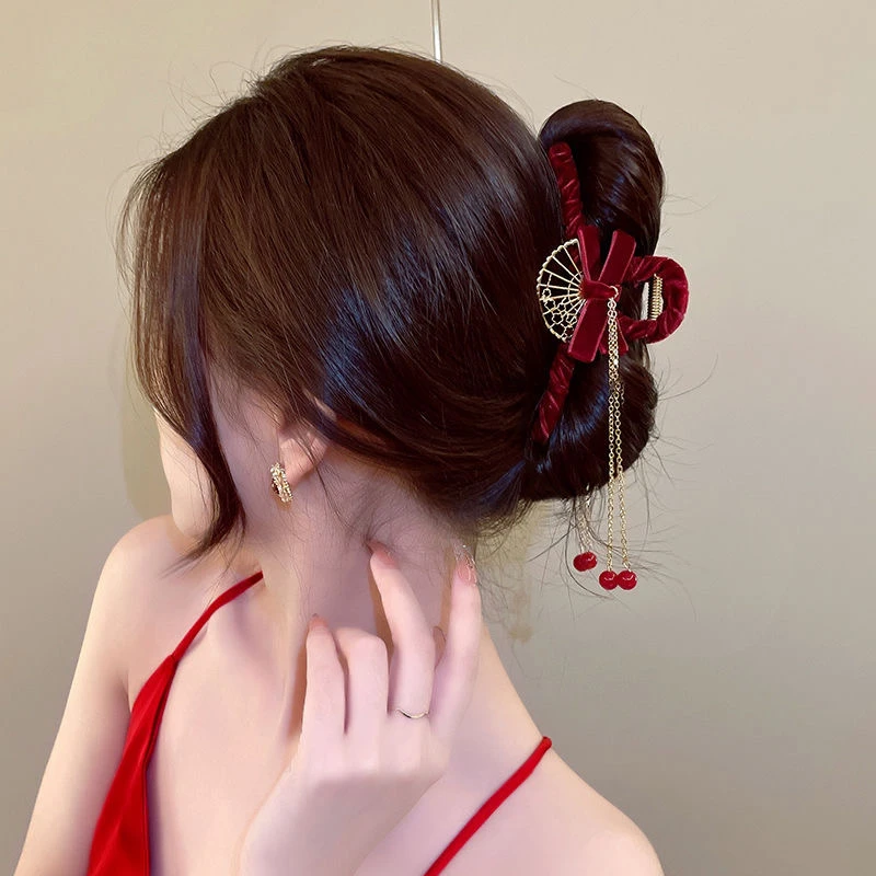 新年中国风红色丝绒抓夹扇形流苏发抓潮过年气质发夹A275