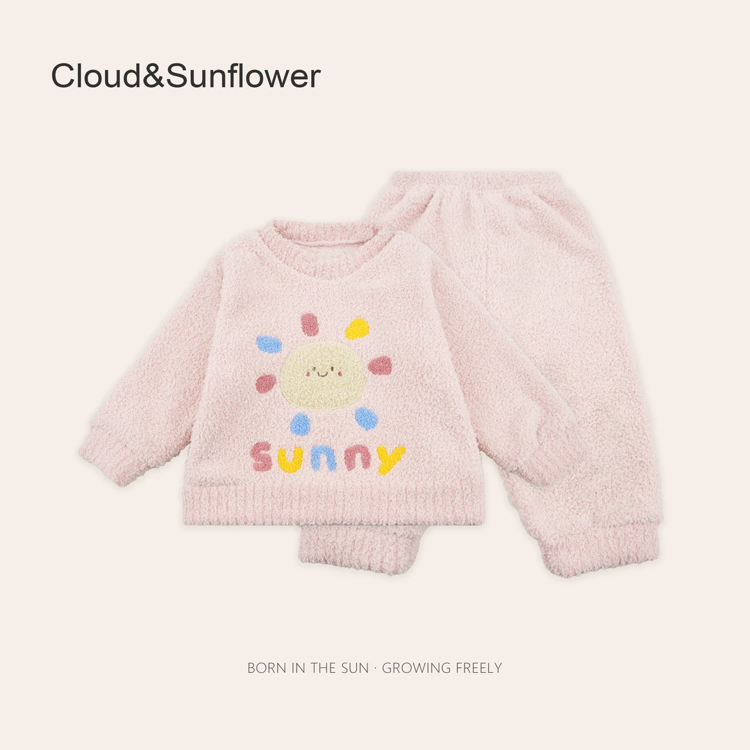 女童可爱太阳英文刺绣半边绒加厚家居服24144