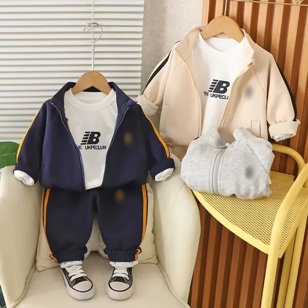 【沫沫家】春秋2025新款儿童套装男女童绣花运动休闲拉链衣三件套