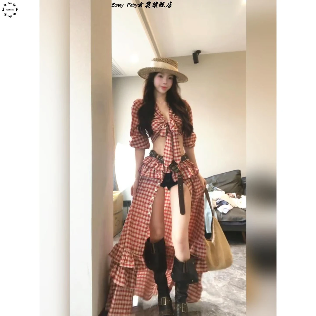 法式辣妹红色格子短款衬衫上衣套装女夏季荷叶边半身长裙子两件套