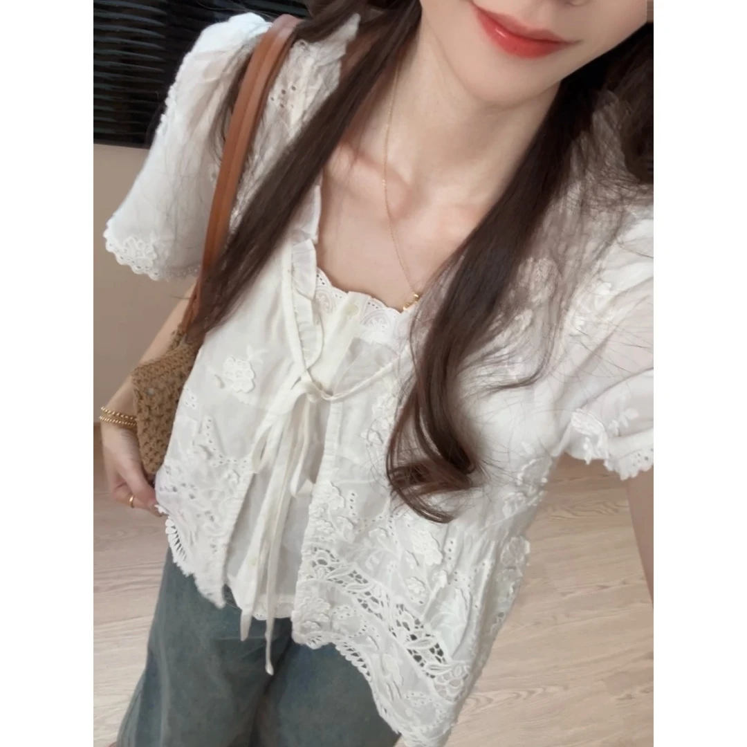 【五分糖】镂空蕾丝方领白衬衫女假两件法式纯棉上衣