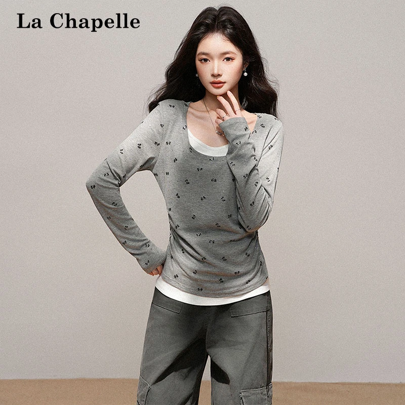 拉夏贝尔蝴蝶机印花假两件圆领长袖T恤女秋季设计感掐腰褶皱上衣