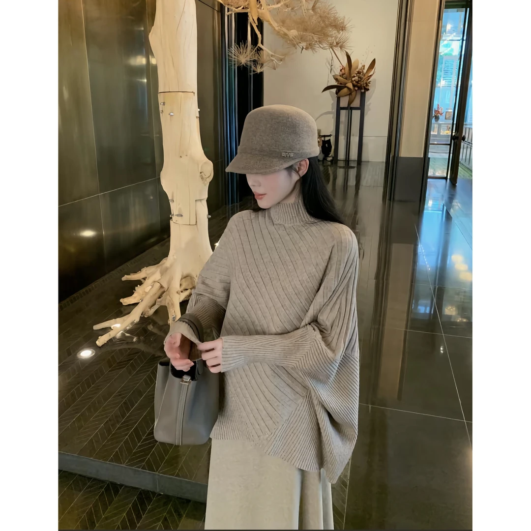 2026针织纸片人高级感百搭斗篷蝙蝠袖毛衣半高领慵懒风上衣F8-56