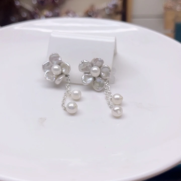 水晶纱保真珍珠花耳钉珍珠耳钉