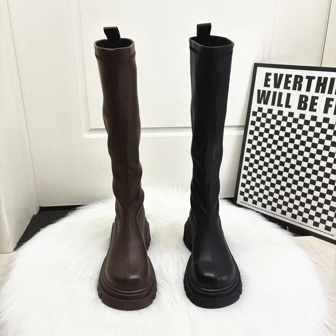 不过膝长筒靴女2025年冬季新款厚底加绒高筒靴后拉链骑士靴瘦瘦靴