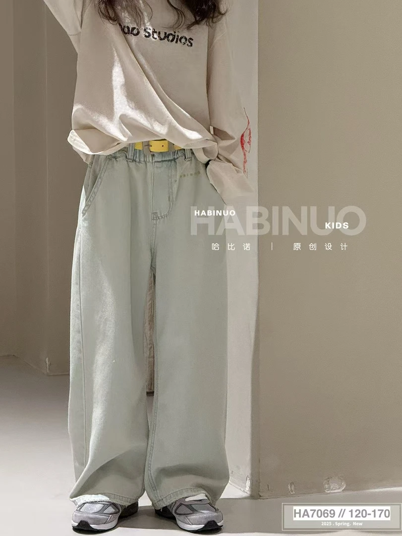 2025哈家女童直筒牛仔裤春夏款浅色窄版阔腿裤洋气女童牛仔裤