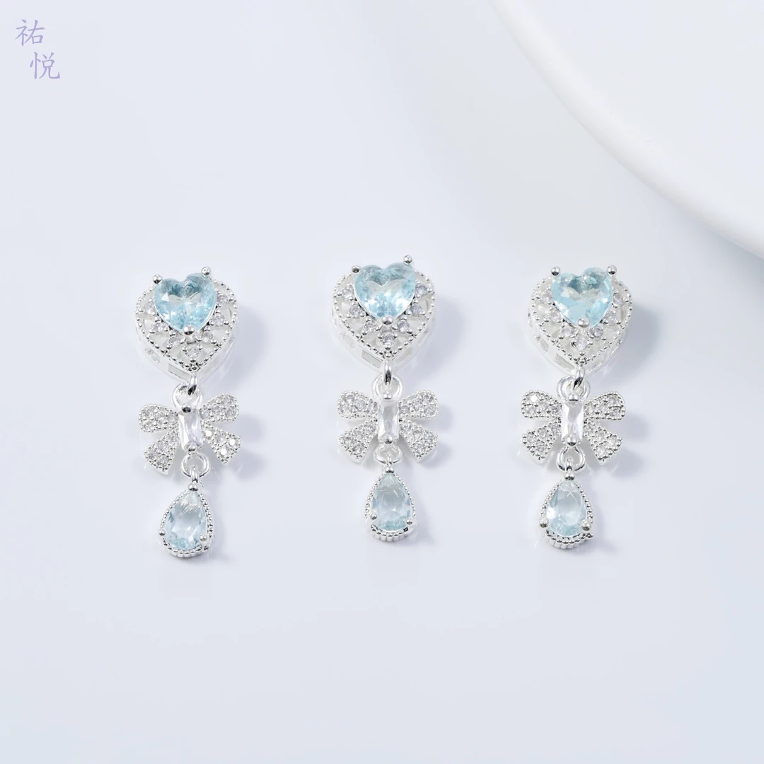 (洁雨饰品 DIY)  P799 “心有所属”  银蓝爱心水滴蝴蝶结挂坠diy