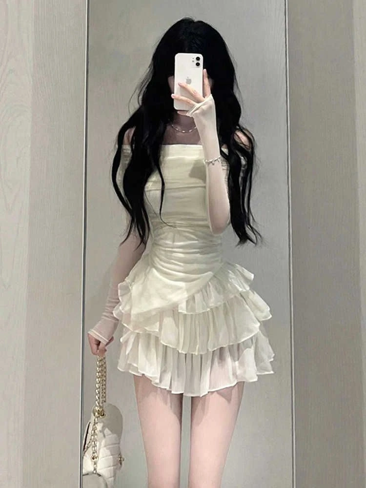 纯欲甜辣套装女修身显瘦长袖一字肩上衣辣妹高腰蛋糕短裙两件套