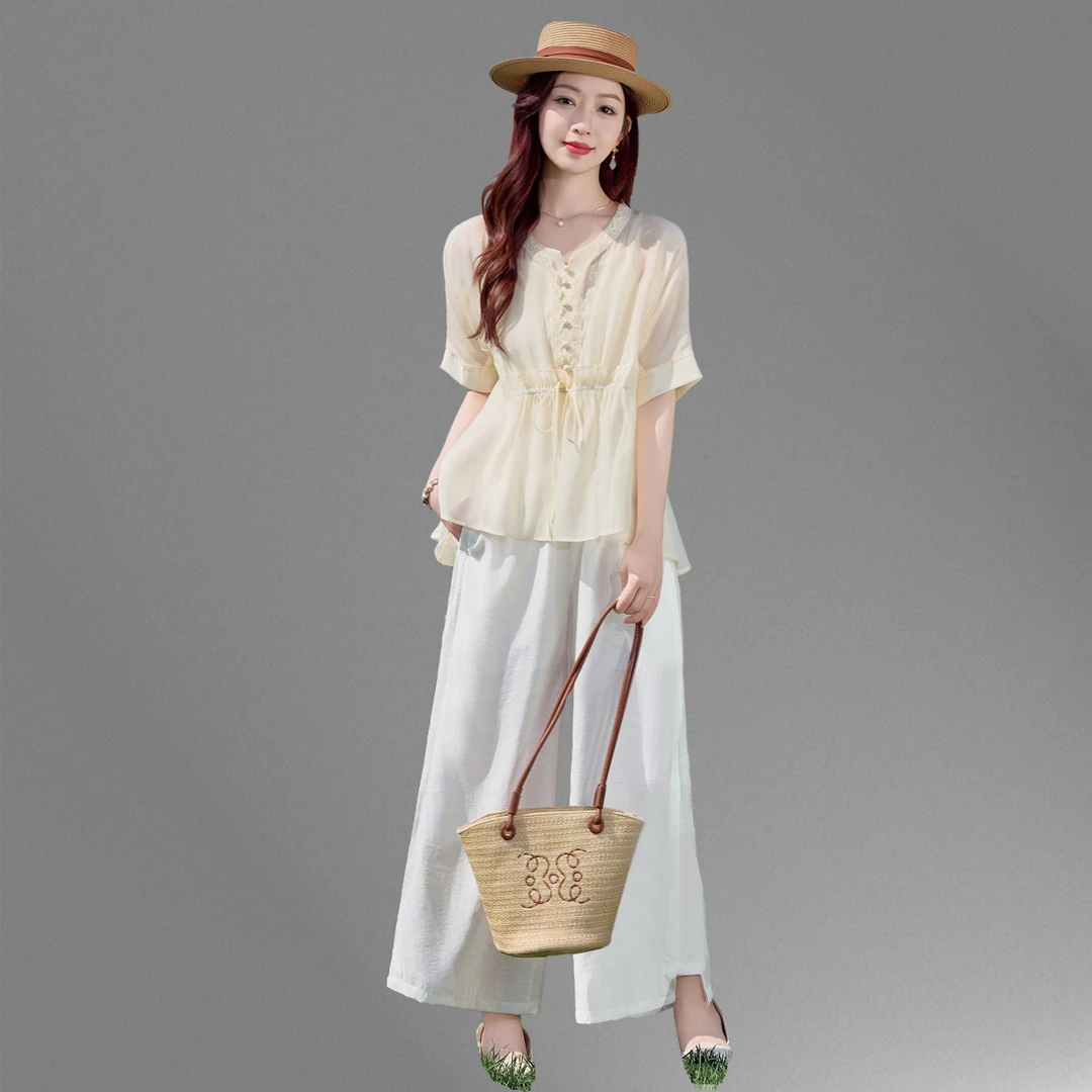 时尚减龄洋气套装女2025夏新款宽松大码韩版衬衫上衣阔腿裤三件套