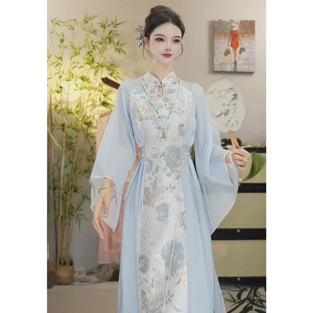 代佳莉2025春季新款中国风飘逸日常蓝色长款连衣裙6622