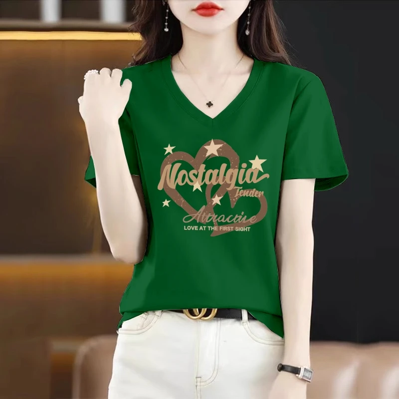 2025夏季新款V领气质时髦短袖t恤女装显瘦洋气体恤打底衫上衣服