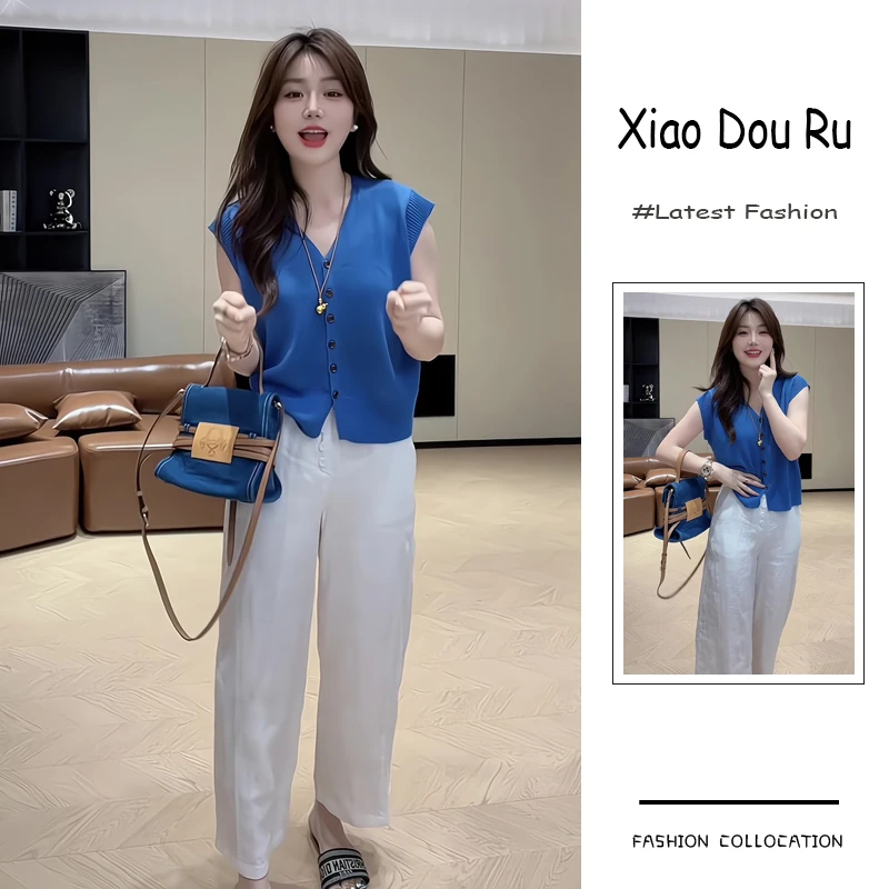 夏季流行穿搭一整套新款2025年韩系减龄显瘦针织上衣阔腿裤两件套