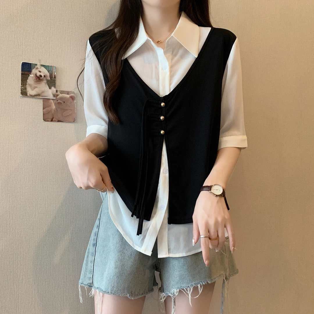 大码女装2025夏季新款时尚设计感假两件衬衫显瘦宽松上衣63140