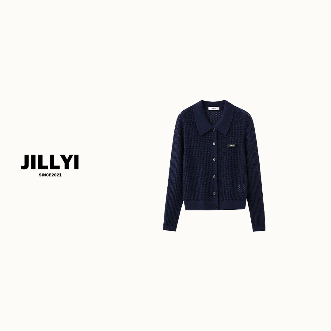 JILLYI珠海店【海洋深蓝】深蓝色半开领镂空工艺简约时尚气质针织开
