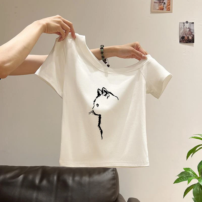 斜领露肩短袖t恤女2025夏季新款爆款超火减龄修身显瘦印花上衣ins