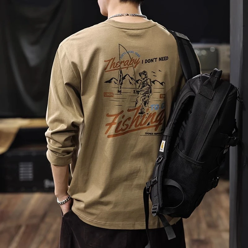 重磅260G纯棉圆领长袖T恤男春季新款宽松潮牌体恤男百搭打底上衣