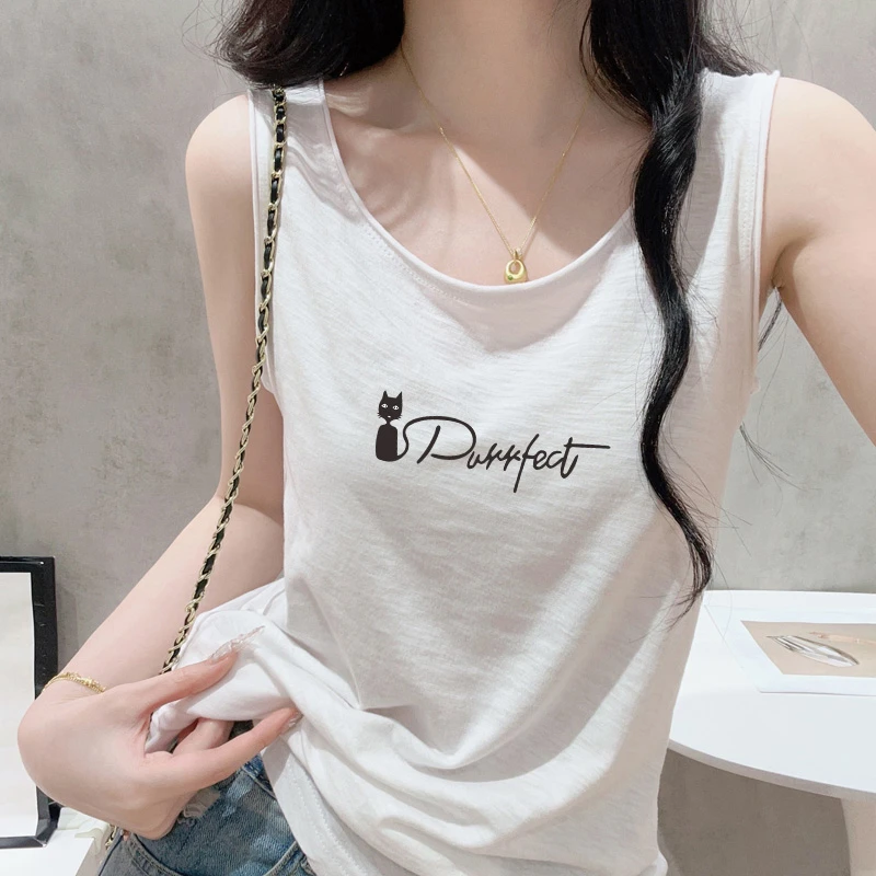 薄款竹节棉卷边工字背心女夏宽松外穿打底小衫印花无袖t恤上衣潮
